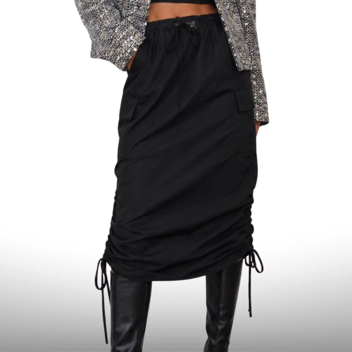 Raven Utility Ruched Midi Skirt