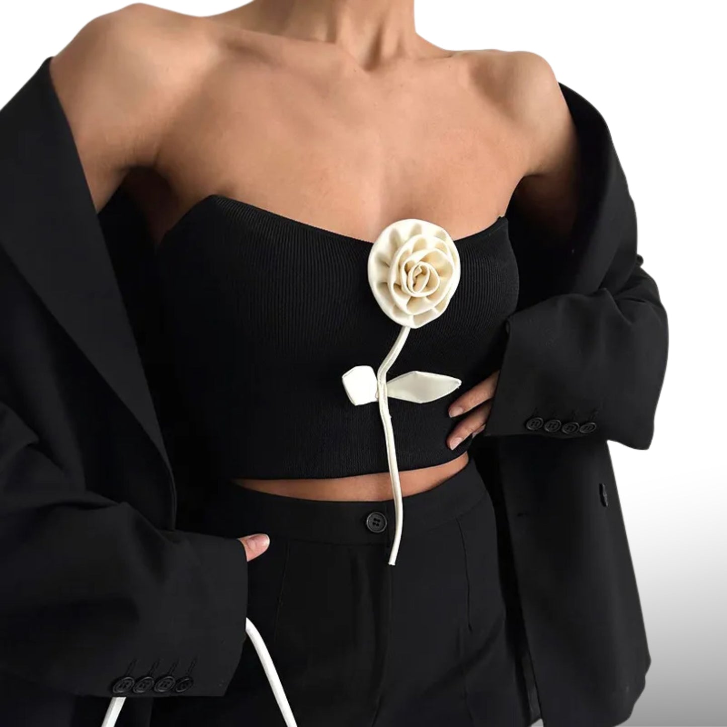 3D Rose Applique Strapless Tube Crop Top