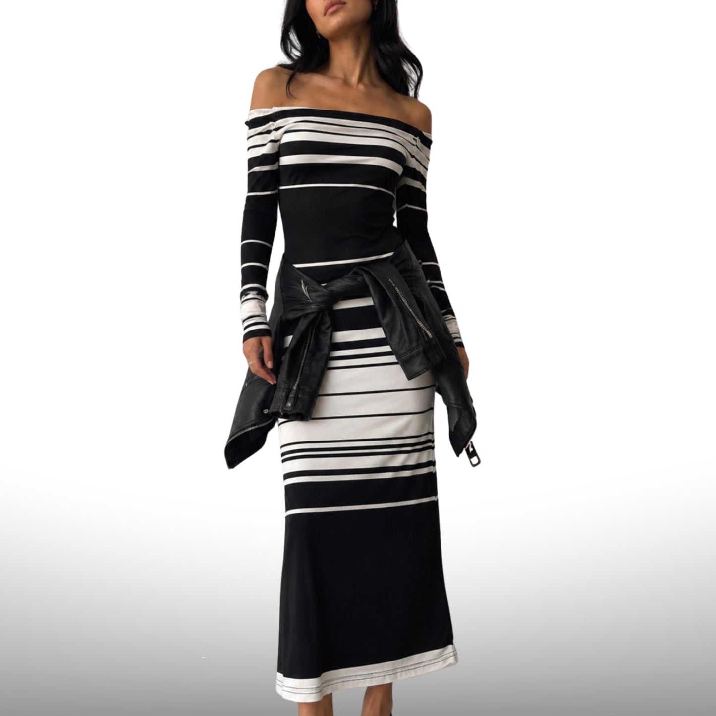 Monochrome Off-Shoulder Stripe Maxi Dress