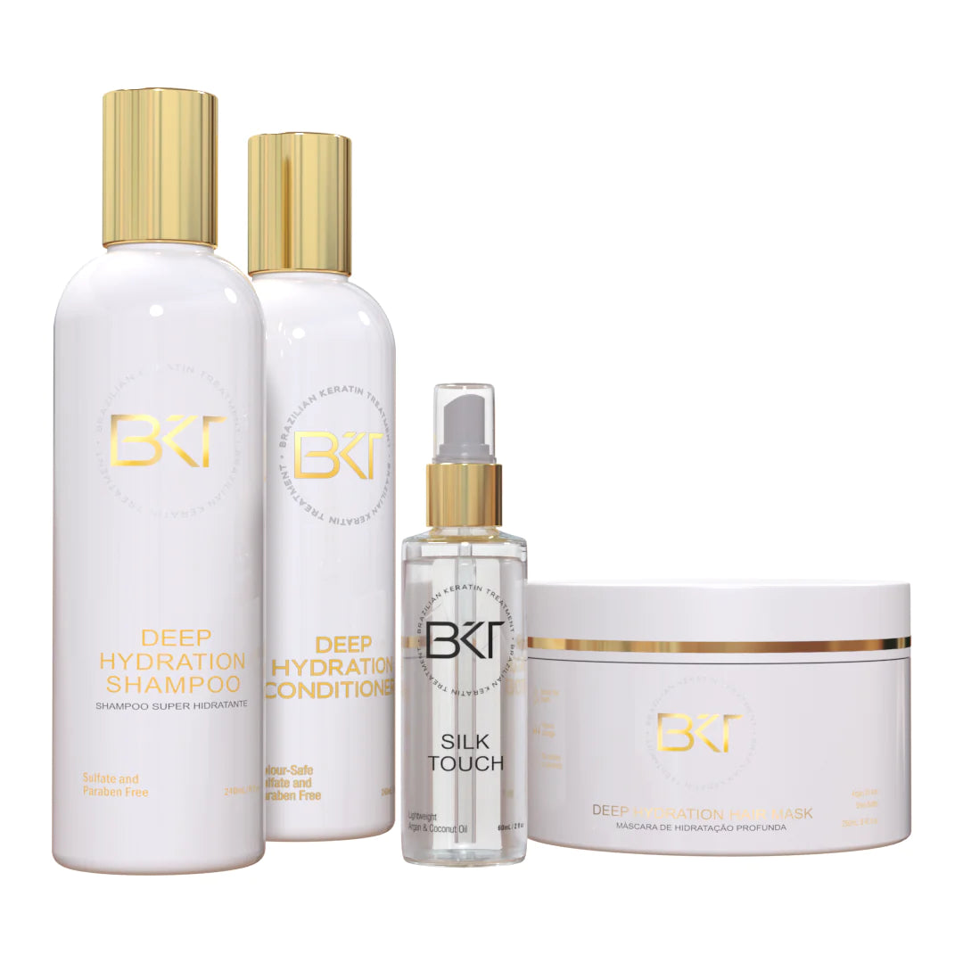 BKT's Deep Hydration Shampoo is a gentle cleansing shampoo that deeply hydrates, strengthens and improve hair health. BKT's Deep Hydration Hair Conditioner provides intense hydration, giving you silky, smooth strands that are full of life. BKT's Deep Hydration Hair Mask repairs your hair by deep hydration, recovering strength, shine, and smoothness. BKT's Silk Touch Hair Oil is rich in antioxidant properties from argan and coconut oil. It is easily absorbed into the hair without weight down