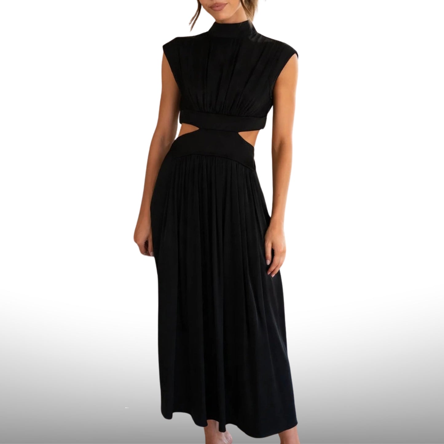 High Neck Cut Out Waist Cap Sleeve Maxi Dress