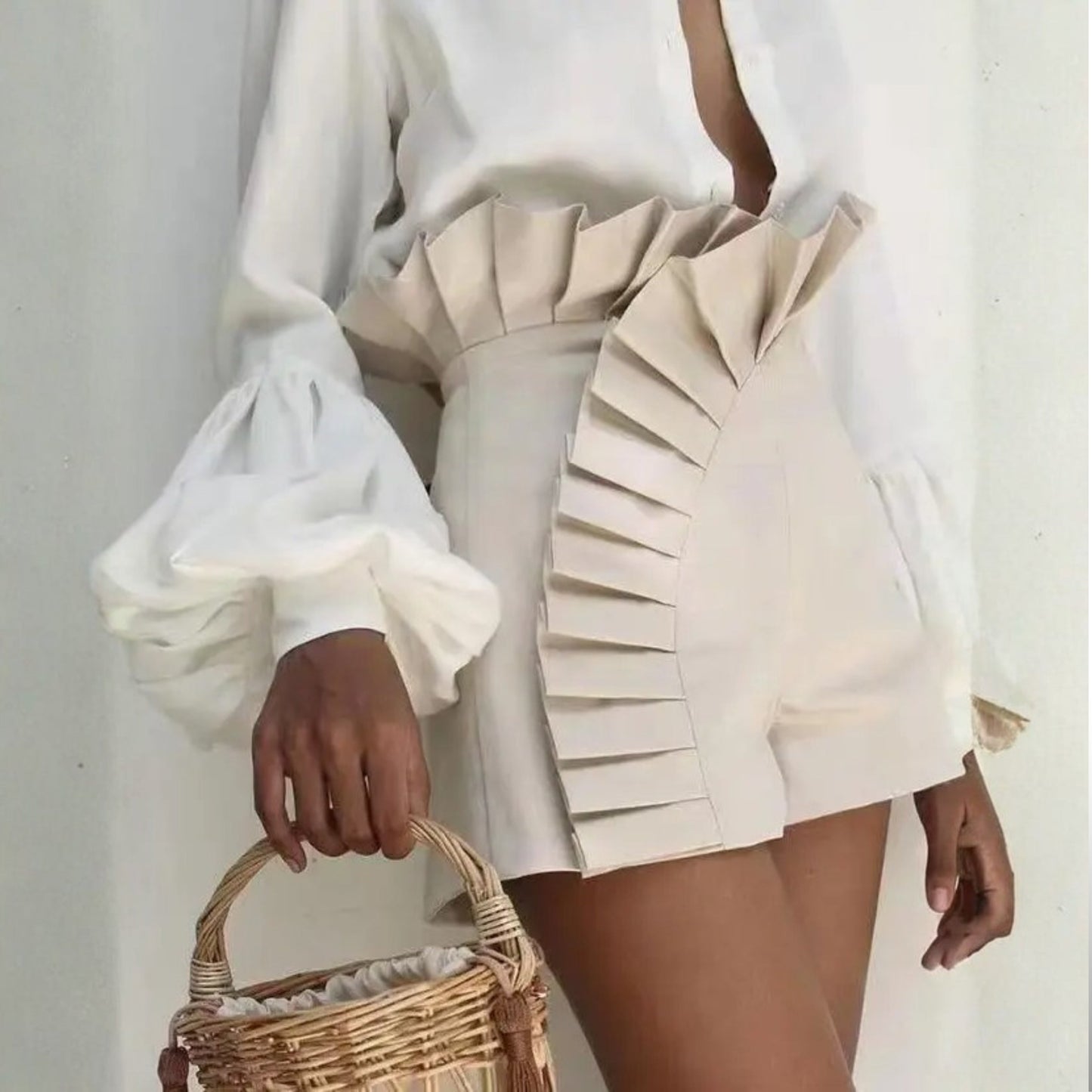 Solid Color Ruffle Pleated High Waist Zipper Shorts
