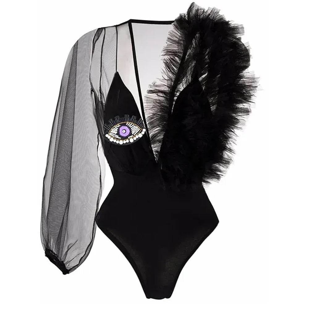  Halloween Women Solid Color Black Gothic Mesh Long Sleeve Deep V Devil'S Eye Sexy Bodysuit