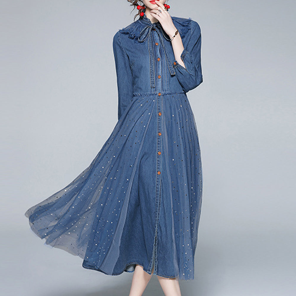 Women Elegant Retro Long-Sleeved Mesh Sequin Stitching High Waist Blue Denim Dress  Material: Denim KMT1038481138