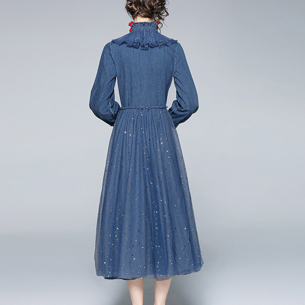 Women Elegant Retro Long-Sleeved Mesh Sequin Stitching High Waist Blue Denim Dress Material: Denim KMT1038481138