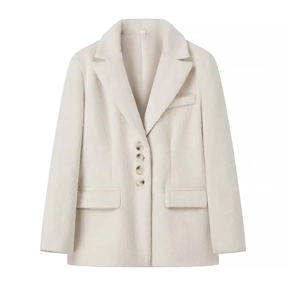 Fashion Loose Lapel Solid Color Plush Coat Women Single-Breasted Long Sleeve Blazer