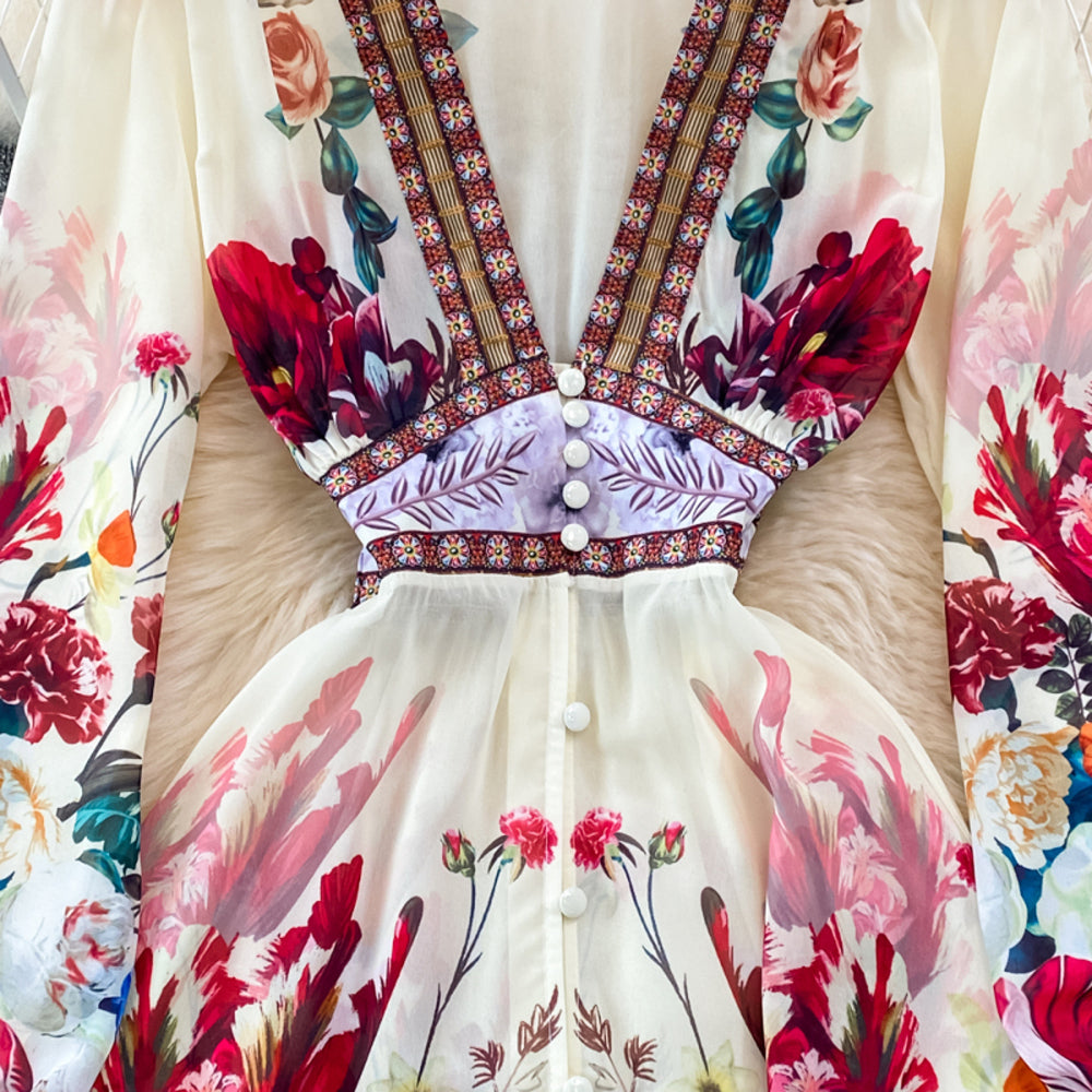 Elegant Floral Printed Deep V-Neck Long Sleeve Defined Waist Dress  Material: Wire Cloth KMT1038481135