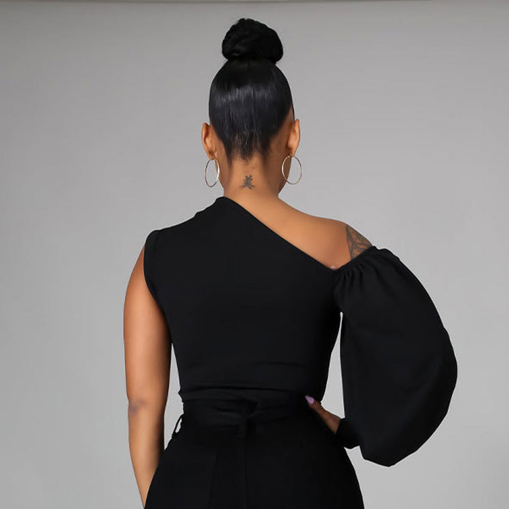 Irregular Cold Shoulder Puff Sleeve Blouse Main Fabric Composition: Polyester (Polyester Fiber) KMT103601E3E