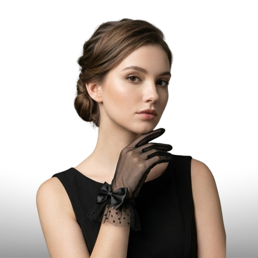 Noir Tulle Bow Evening Gloves