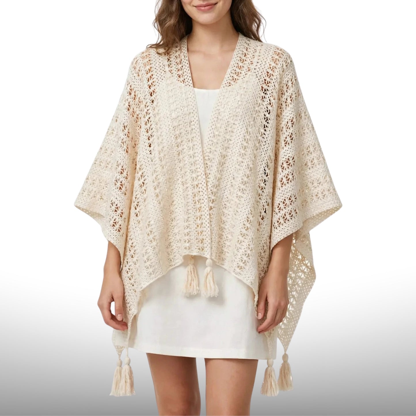 Vintage Crochet Tassel Poncho Shawl Cardigan