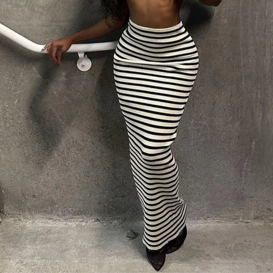 Black White Stripe Knitted Bodycon Maxi Wrap Hip Skirt