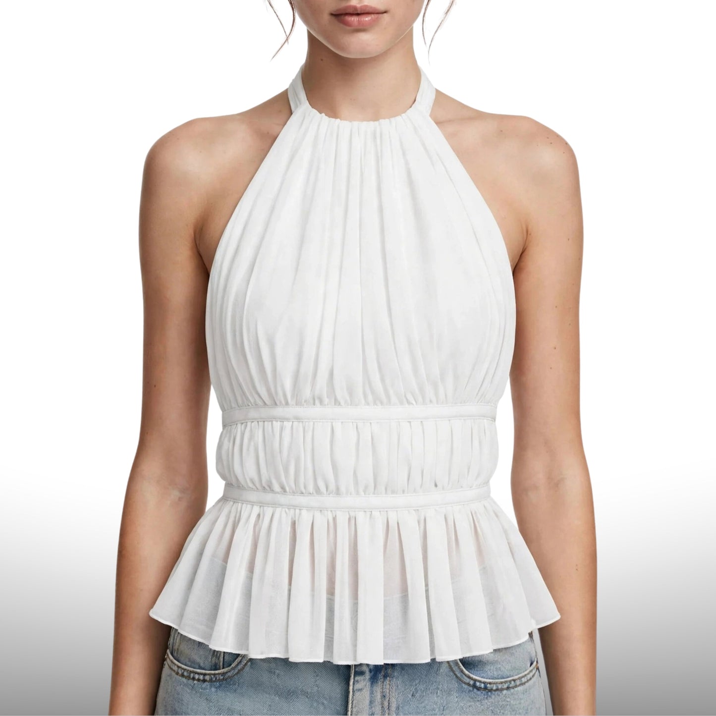 Halter Pleated Ruffle Peplum Top