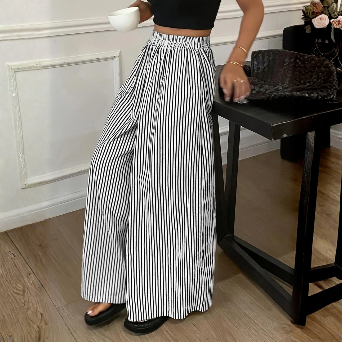Casual Stripe Elastic Waist Wide-Leg Palazzo Pants