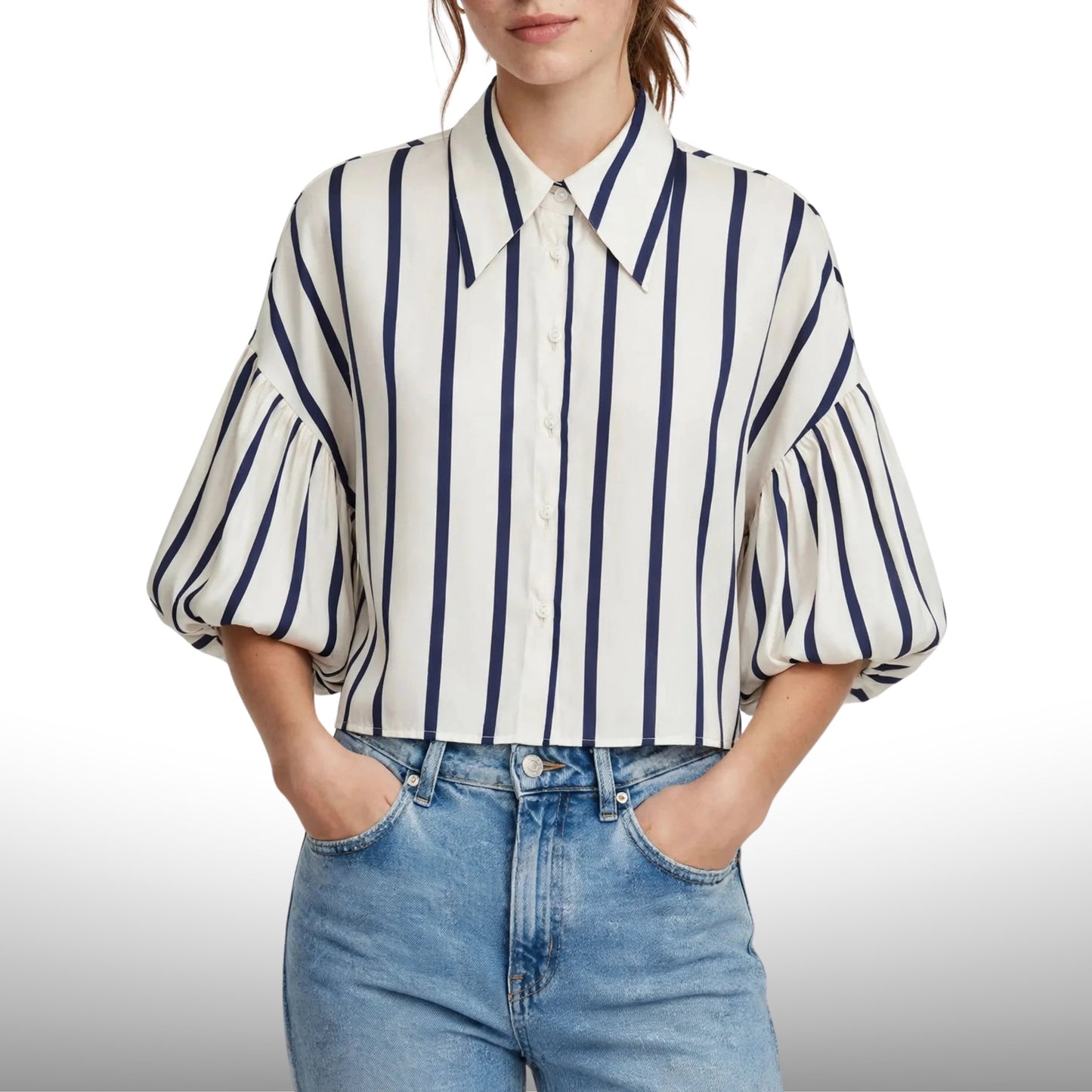 Lantern Sleeve Cropped Shirt Blouse