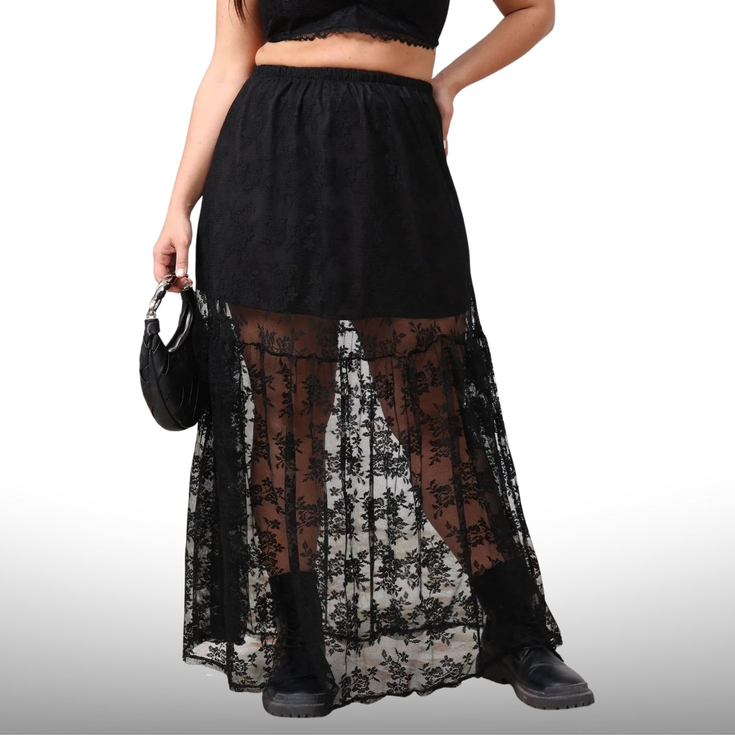 Sexy Sheer Floral Lace Tiered Cake Midi Skirt