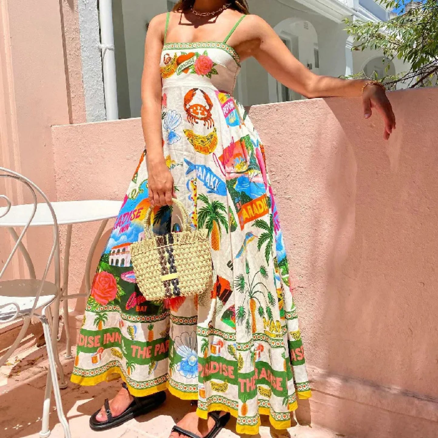 Paradise Inn Tropical Graffiti Sling Maxi Dress