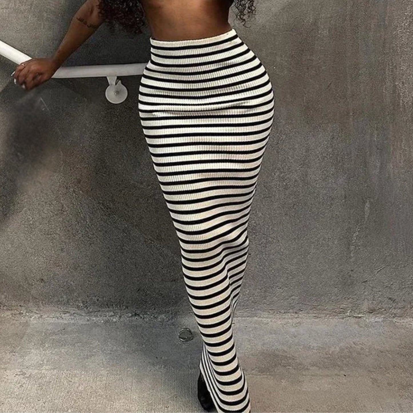 Black White Stripe Knitted Bodycon Maxi Wrap Hip Skirt