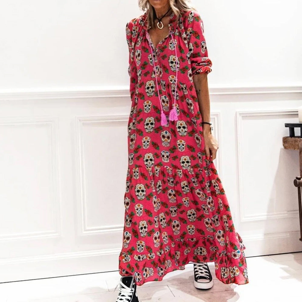 Boho Skull Print V-Neck Casual Loose Mid-Sleeve Maxi Dress  Main Fabric Composition: Polyester (Polyester Fiber) KMT1035FB61E