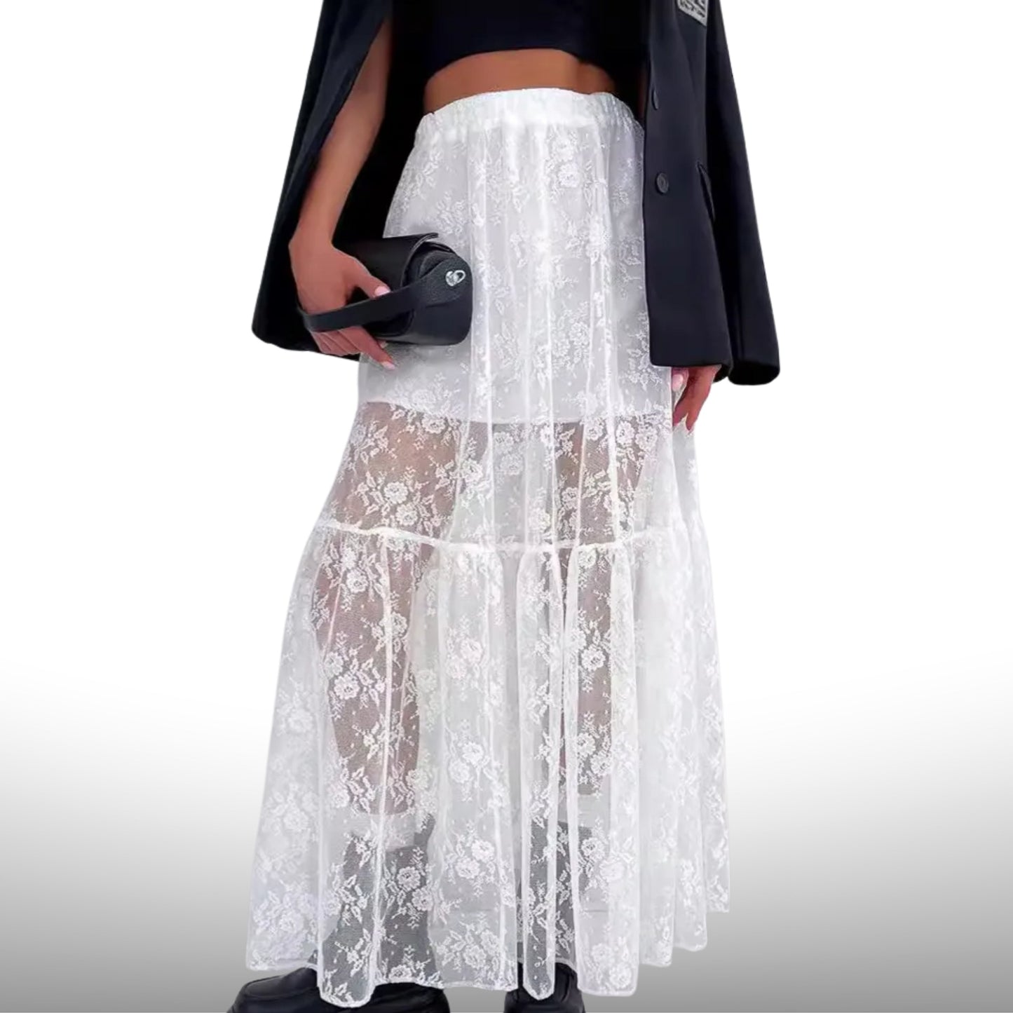 Sexy Sheer Floral Lace Tiered Cake Midi Skirt