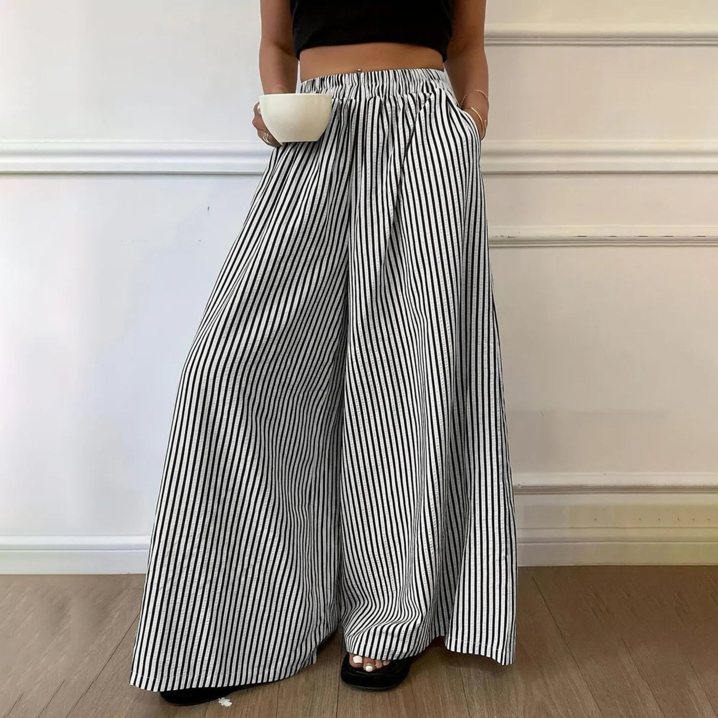 Casual Stripe Elastic Waist Wide-Leg Palazzo Pants