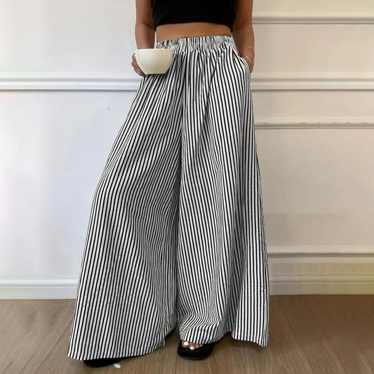Casual Stripe Elastic Waist Wide-Leg Palazzo Pants