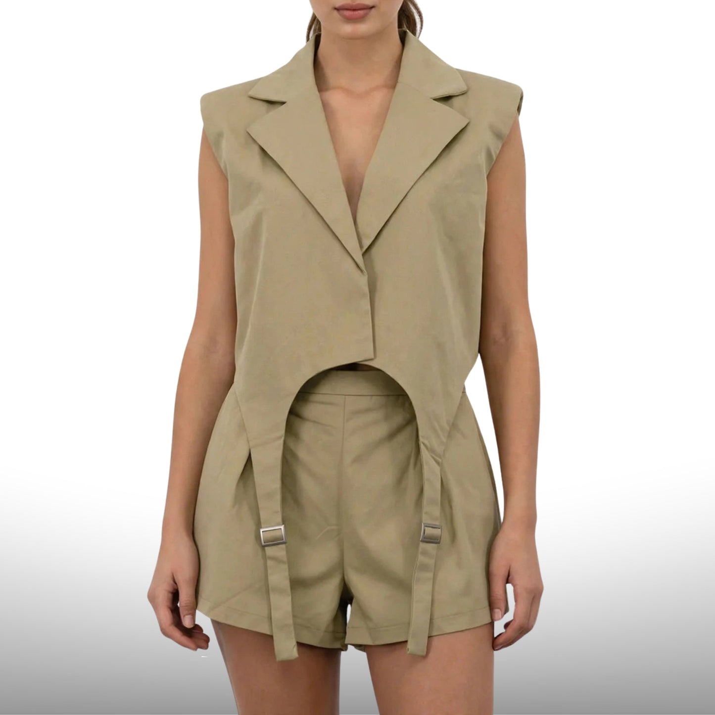 Khaki Sleeveless Vest & Shorts Workwear Co-Ord Set