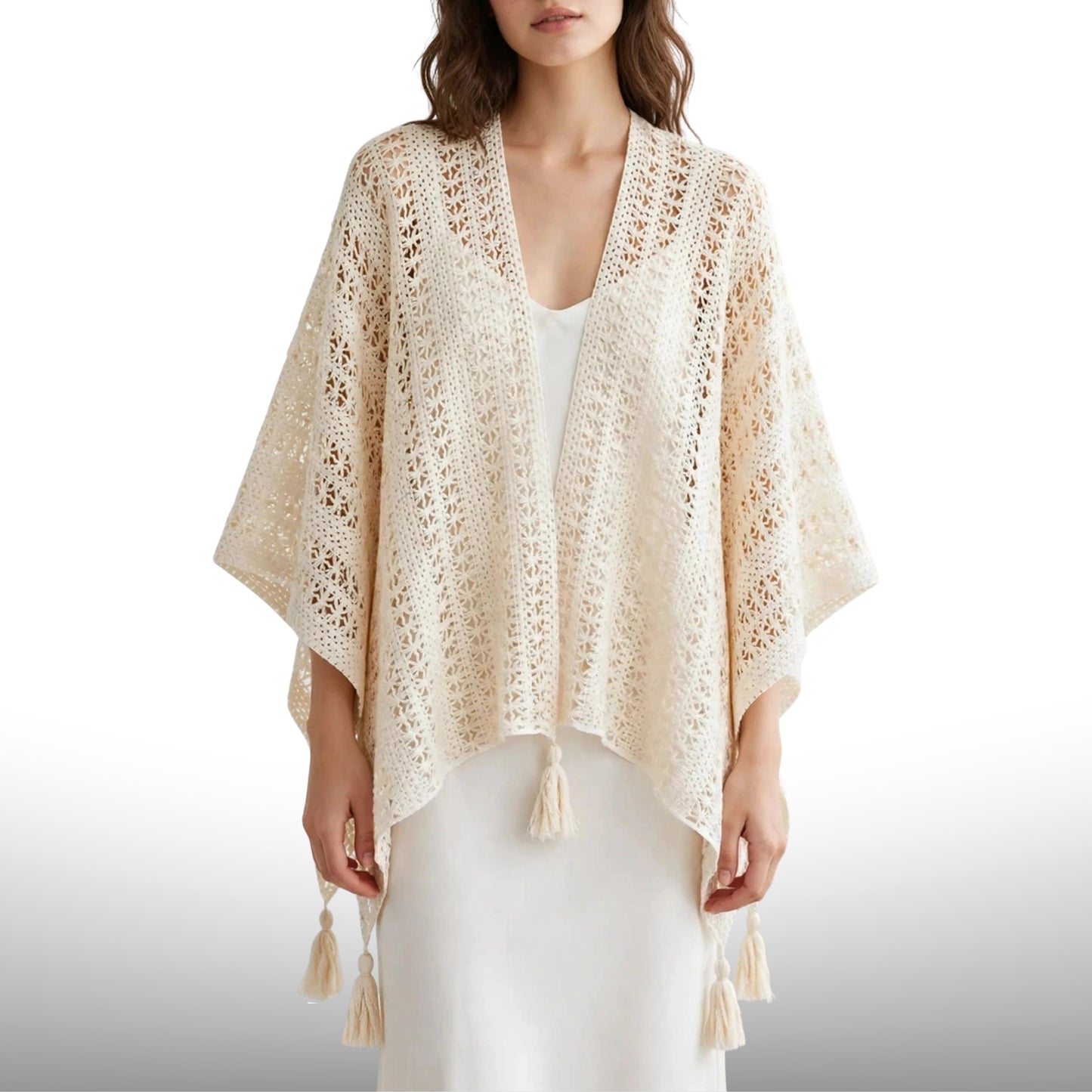 Vintage Crochet Tassel Poncho Shawl Cardigan