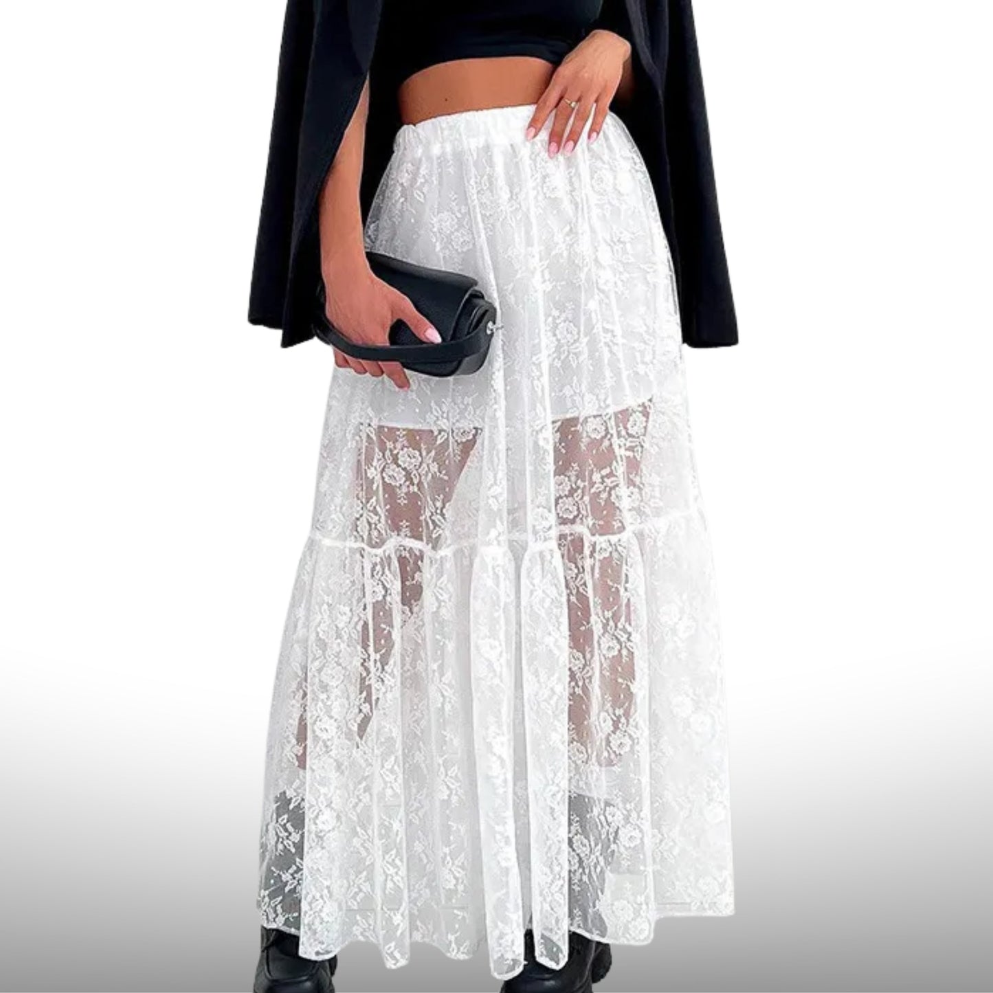 Sexy Sheer Floral Lace Tiered Cake Midi Skirt