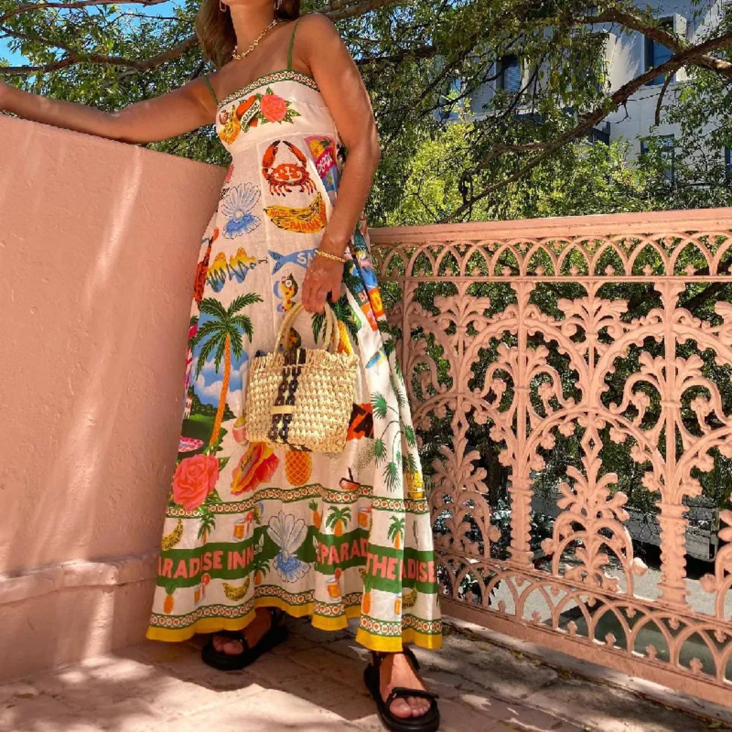 Paradise Inn Tropical Graffiti Sling Maxi Dress