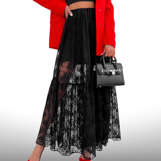 Sexy Sheer Floral Lace Tiered Cake Midi Skirt