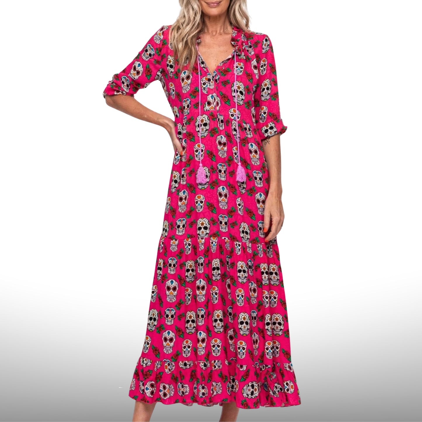 Byron Fiesta Calavera Maxi Dress – Fuchsia