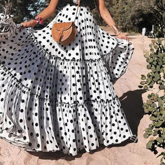 Casual Polka Dot Print Tiered Ruffle Long Skirt