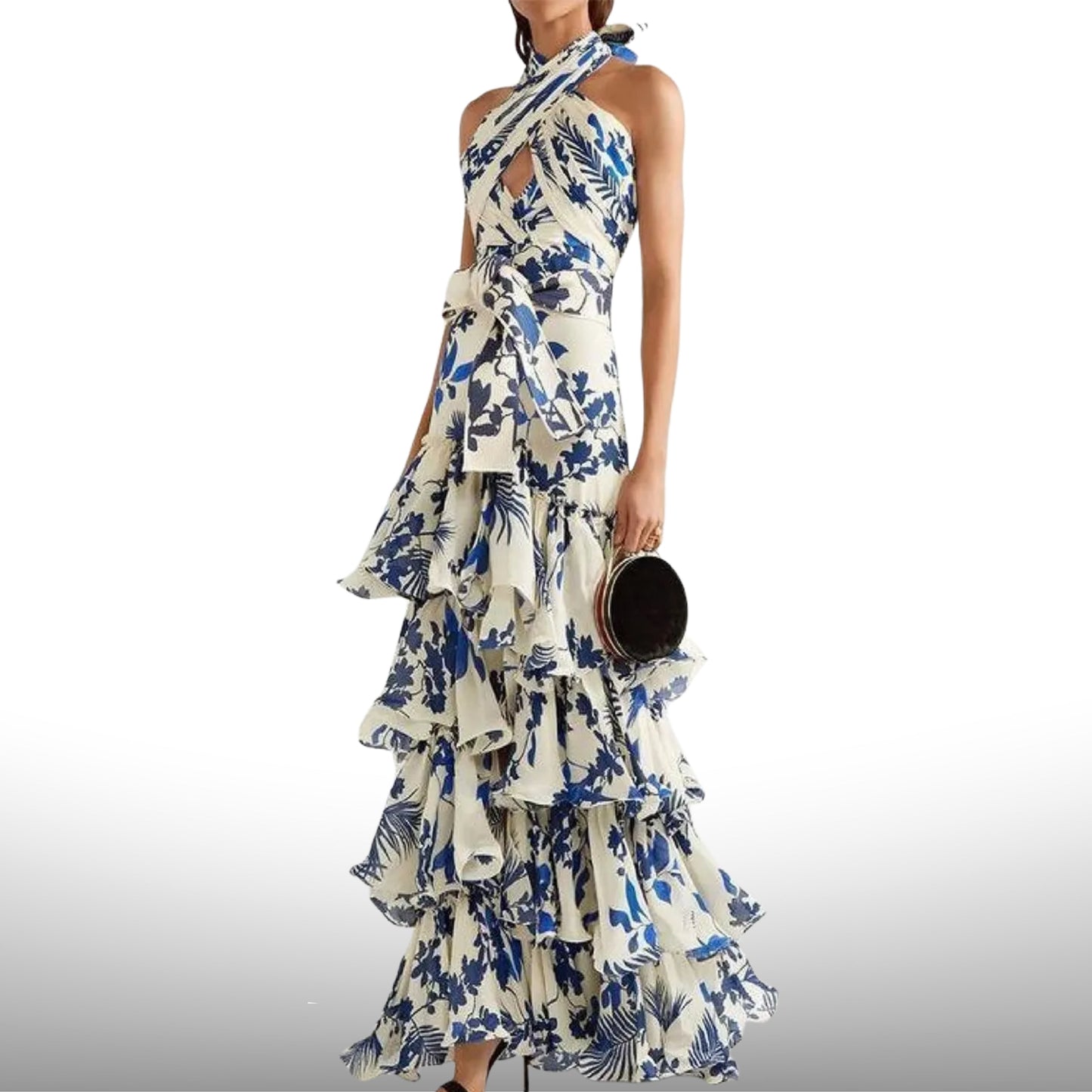 Blue Floral Halter Tiered Ruffle Maxi Dress