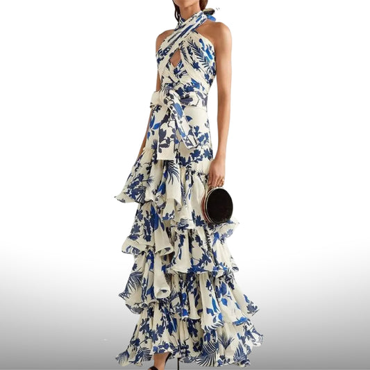 Blue Floral Halter Tiered Ruffle Maxi Dress