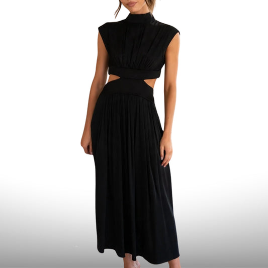 High Neck Cut Out Waist Cap Sleeve Maxi Dress