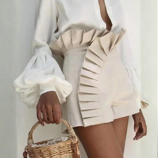Solid Color Ruffle Pleated High Waist Zipper Shorts