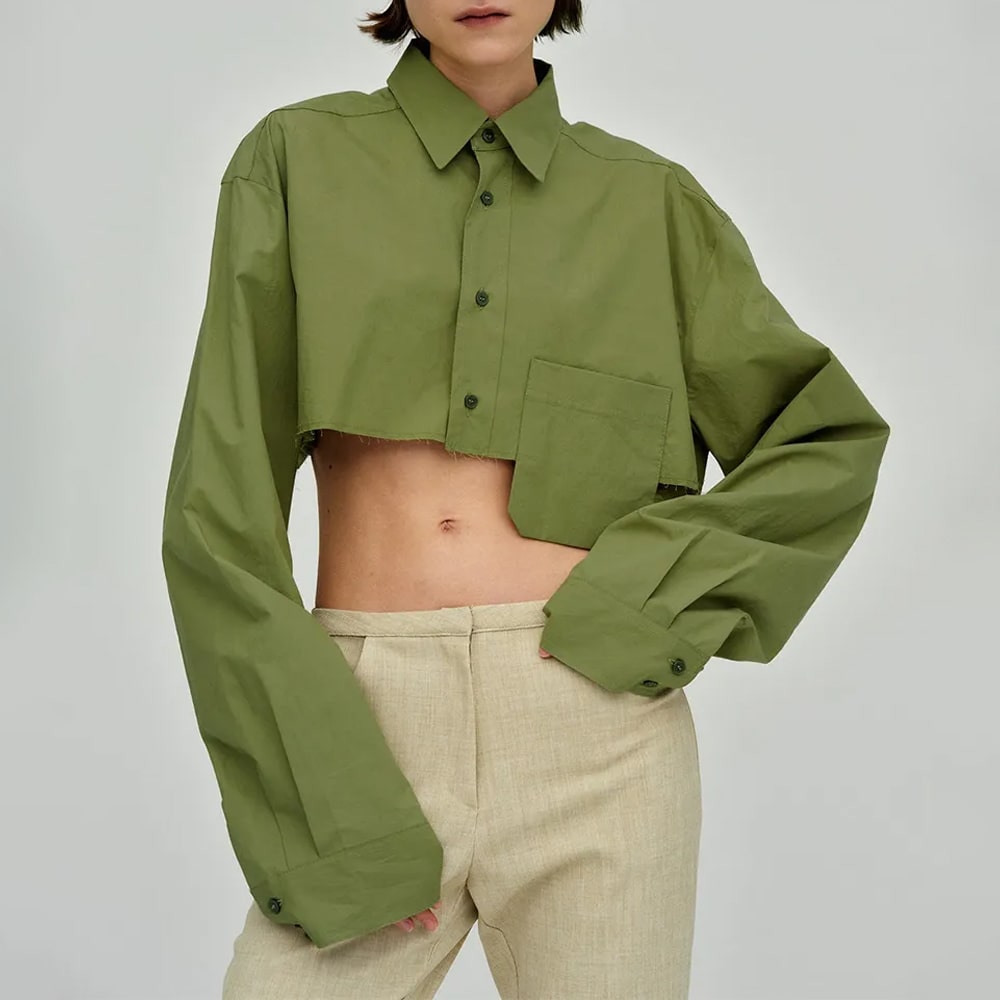 Long-Sleeved Croppe Solid Color Shirt Street Women Fashion Elegant Lapel Pocket Office Chic Blouse