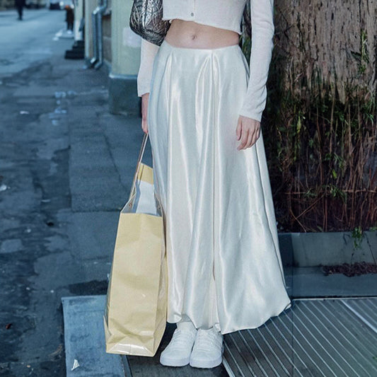 Women Fashion Casual Solid Color Satin Long Skirt  Material: Satin KMT103846F3D