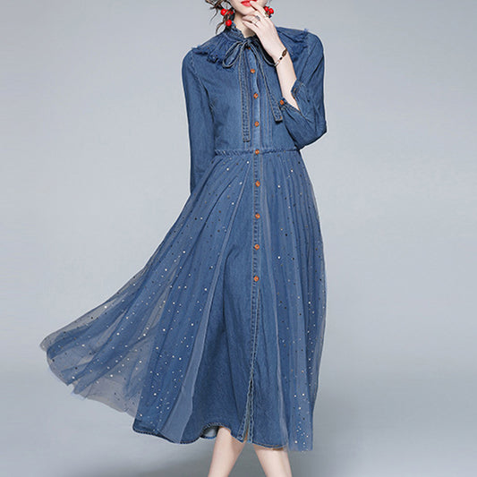 Women Elegant Retro Long-Sleeved Mesh Sequin Stitching High Waist Blue Denim Dress  Material: Denim KMT1038481138