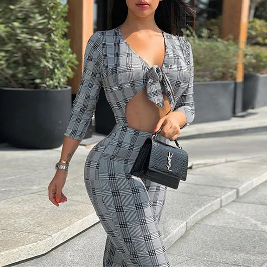 Women Fashion V-Neck Hollow Out Lace Up Plaid Jumpsuits