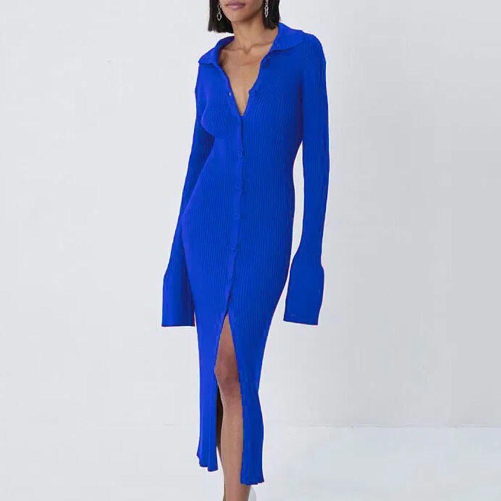 Women Fashion Basic Work Solid Color Long Sleeves Lapel V Neck Flare Sleeve Knitted Side-Slit Dress