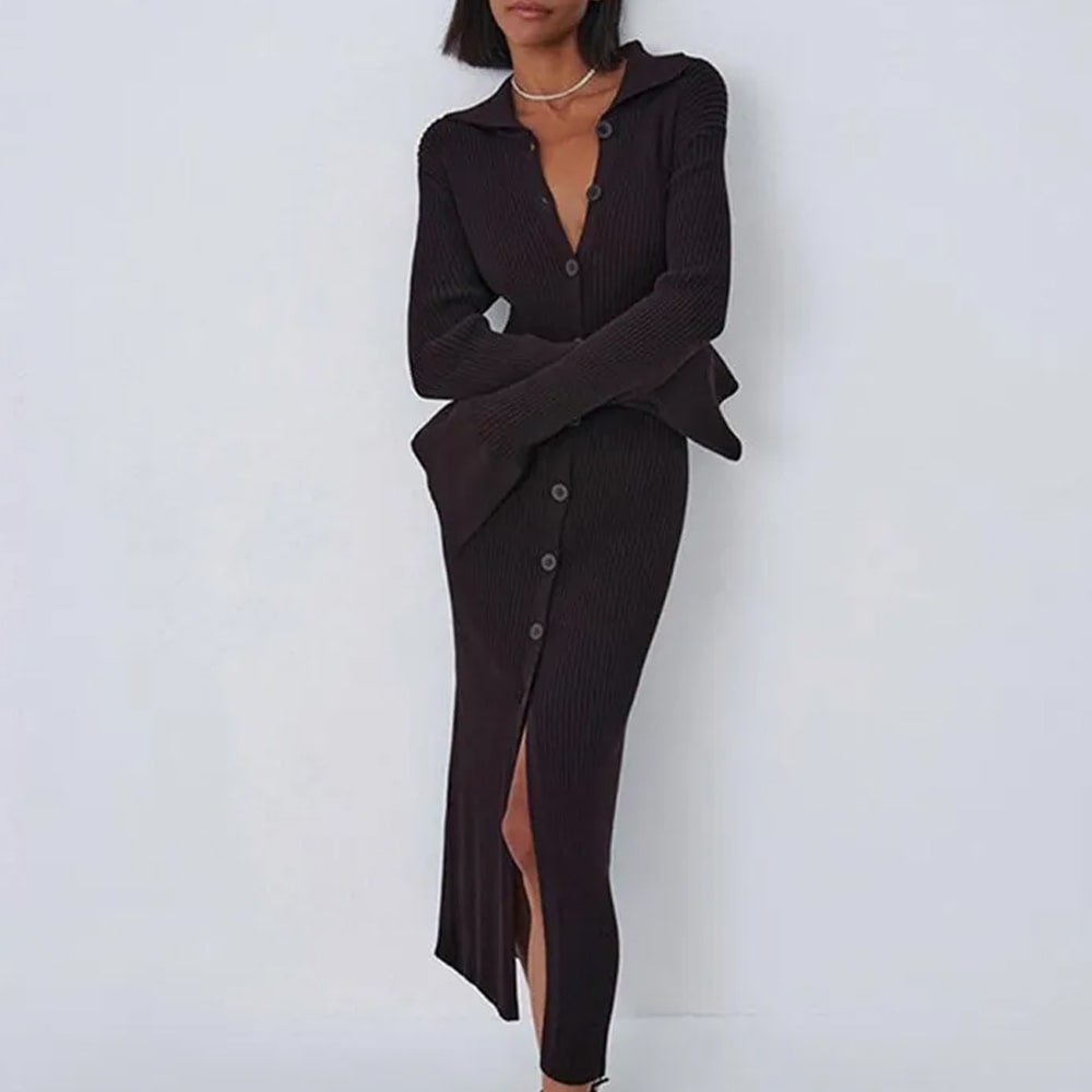 Women Fashion Basic Work Solid Color Long Sleeves Lapel V Neck Flare Sleeve Knitted Side-Slit Dress