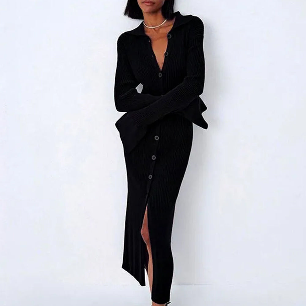 Women Fashion Basic Work Solid Color Long Sleeves Lapel V Neck Flare Sleeve Knitted Side-Slit Dress