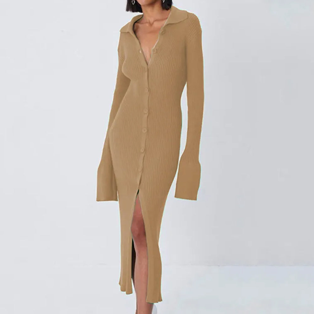 Women Fashion Basic Work Solid Color Long Sleeves Lapel V Neck Flare Sleeve Knitted Side-Slit Dress