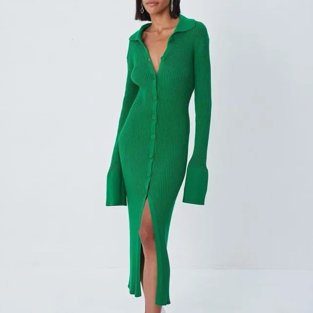 Women Fashion Basic Work Solid Color Long Sleeves Lapel V Neck Flare Sleeve Knitted Side-Slit Dress