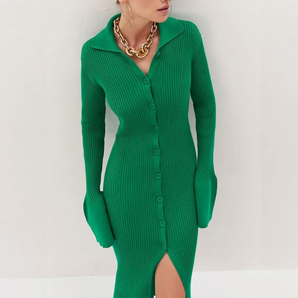 Women Fashion Basic Work Solid Color Long Sleeves Lapel V Neck Flare Sleeve Knitted Side-Slit Dress