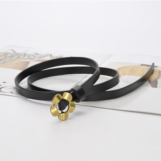 Women's Casual Fashion Golden Sunflower Alloy Smooth Buckle Thin Leather Belt  Material: Genuine Leather Belt Buckle Material: Alloy Closure Type: Smooth Buckle Width: Thin Section (<2Cm) Length (CM): 105Cm KMT103841314A
