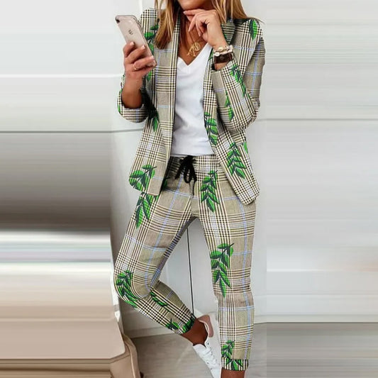 Women Stripe Print Blazer And Pants Two Pieces Set