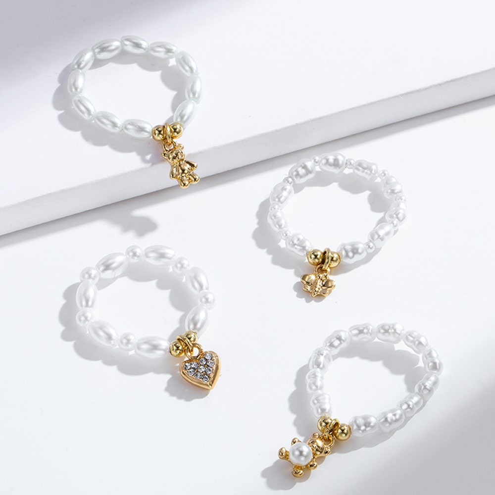 Women's Fashion Butterfly Pendant Stretch Ring 4Pcs/Set  Material: Pearl KMT1038339F5