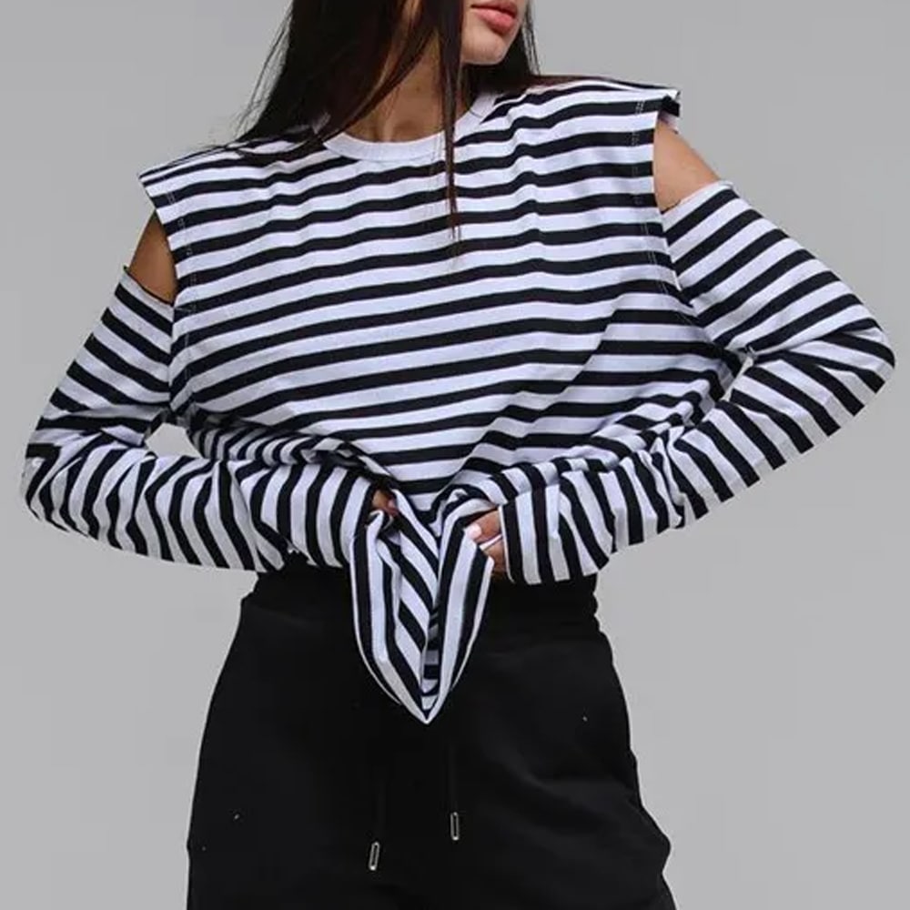 Women Fashion Simple Stripe Printing Round Neck Long Sleeve T-Shirt